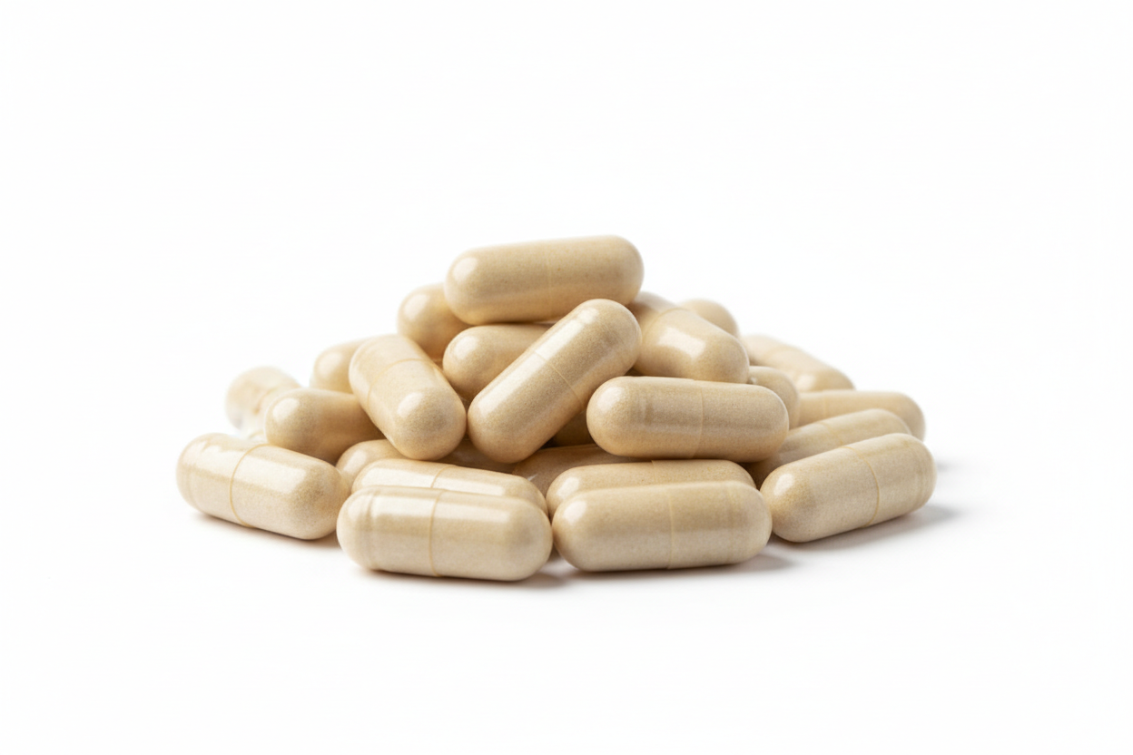 Hromádka kapslí světle béžových. Okolí (pozadí) bílé.